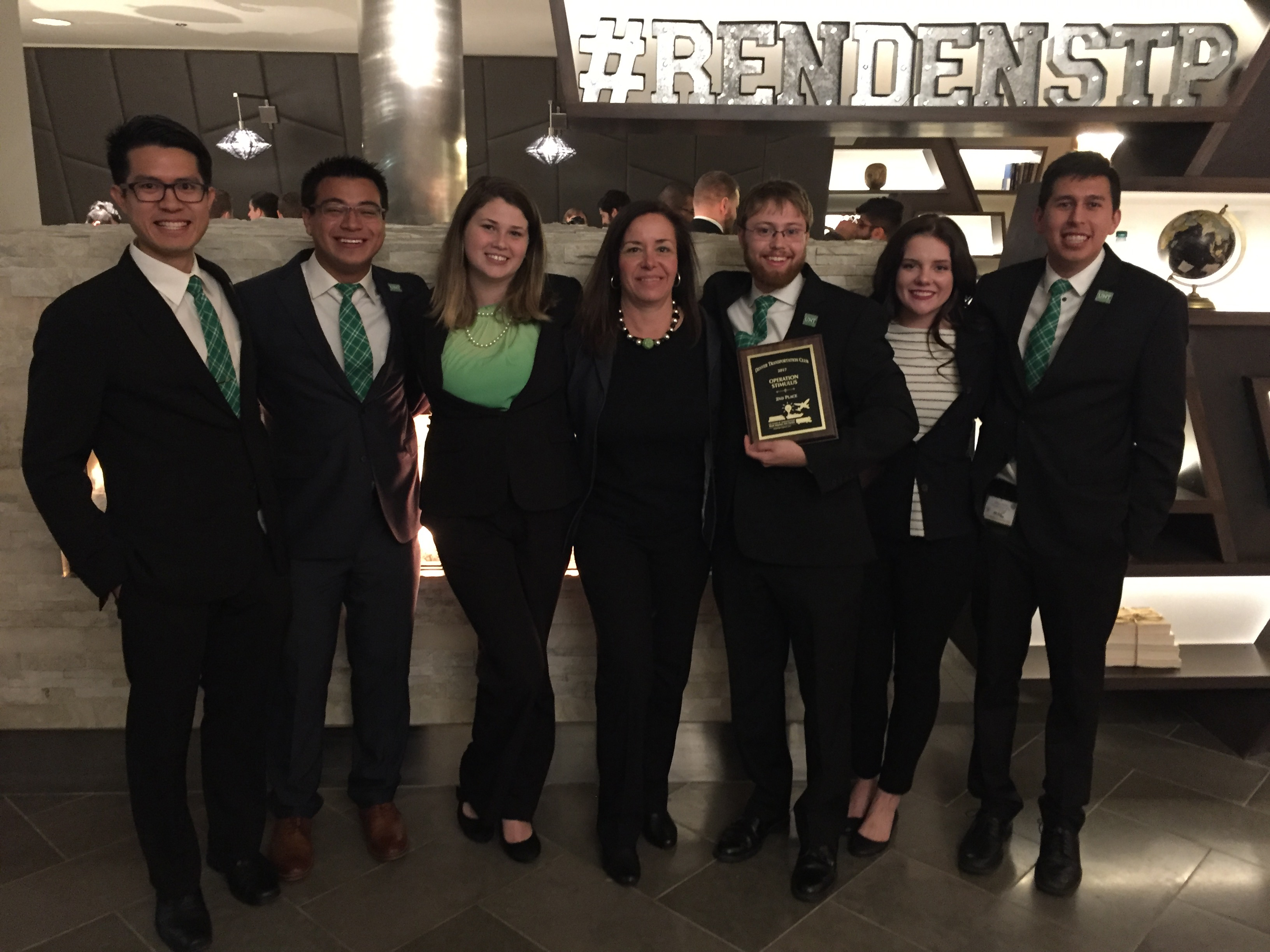 The University of North Texas won second place in one of the U.S. and Canada’s most competitive logistics case contests, Operation Stimulus. Pictured left to right: Hong Yun Yong, Luis Salazar (observer), Ashleigh Allison, Julie-Willems Espinoza (student advisor), David Looney, Miranda Robertson (observer) and Sergio Garcia.